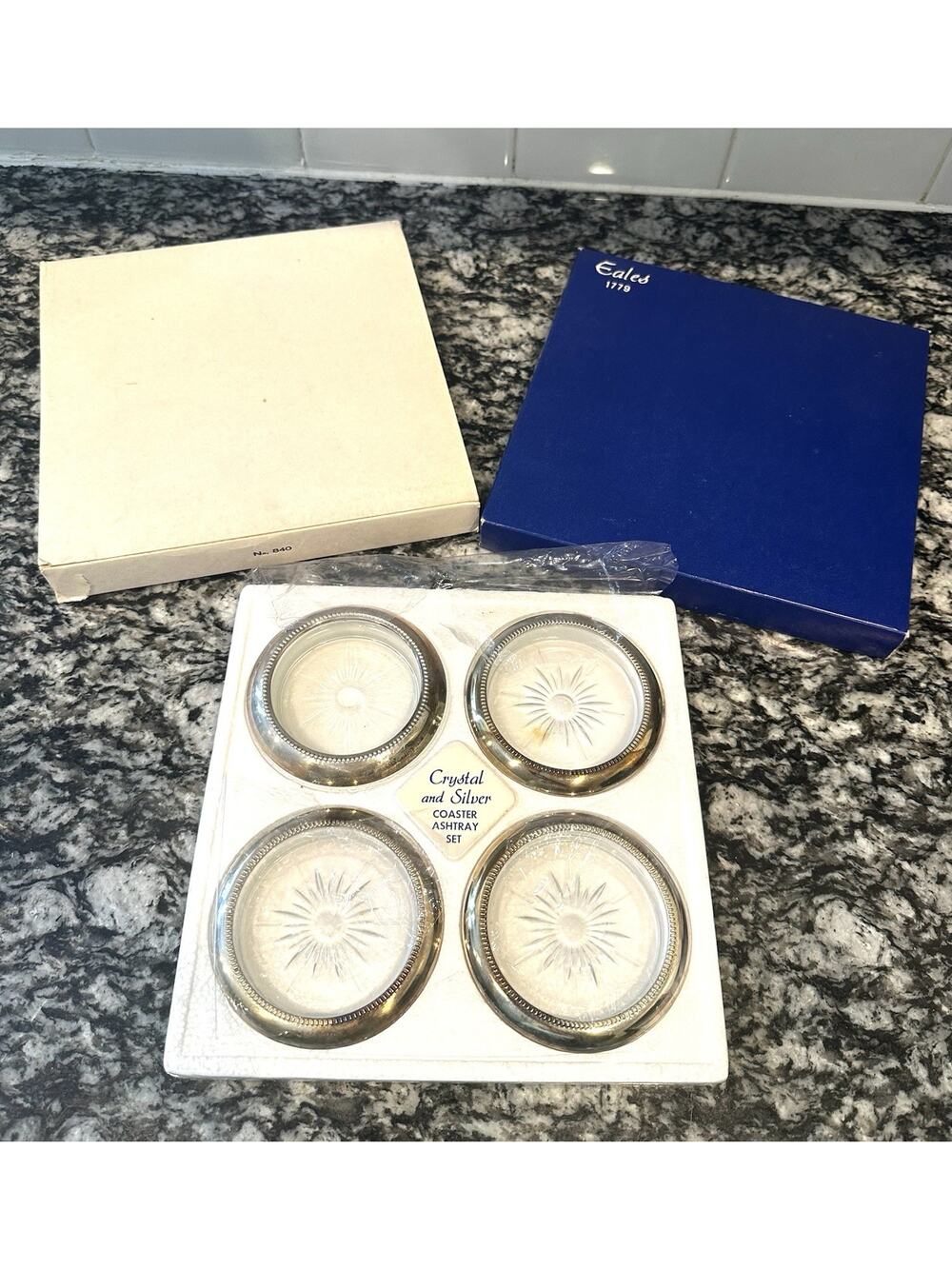 Vintage Eales 1779 Crystal and Silver Coaster and Ashtray Set / Lot of Four